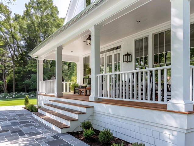 Stylish front porch with decorative railings and cozy seating area in Houston