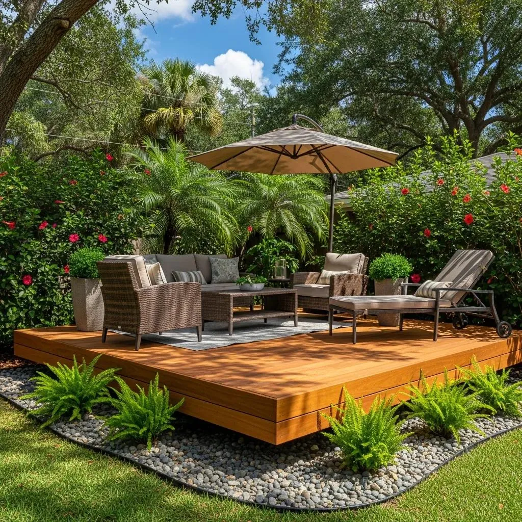 Floating deck builder in Houston creating a low-profile platform for a modern backyard