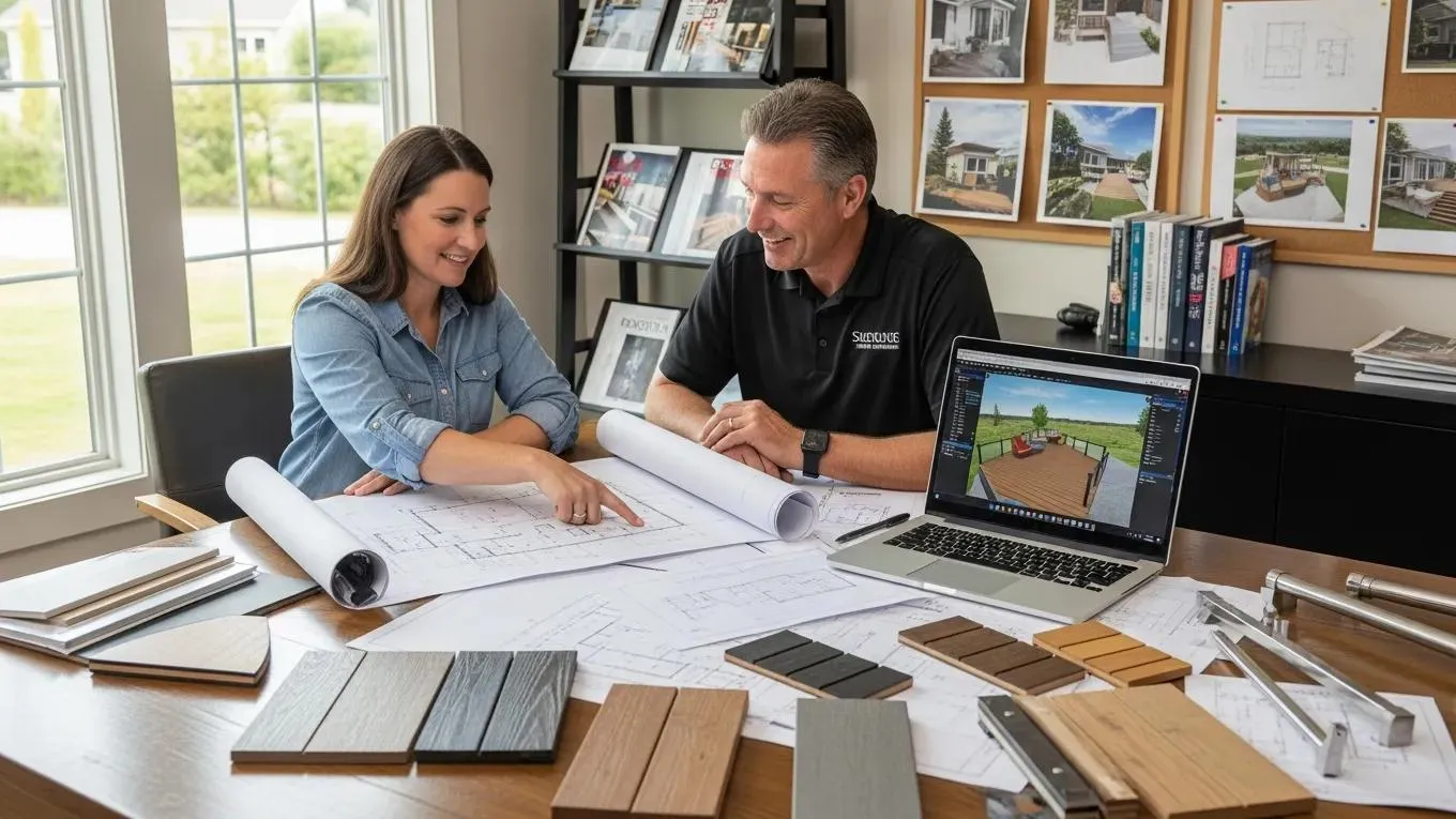Houston homeowner and contractor reviewing custom deck design ideas for an outdoor project